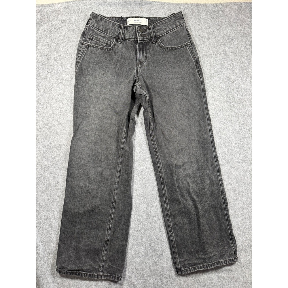 Hollister Women Low Rise Baggy Jeans W25 Regular Faded Black Wide Leg Denim